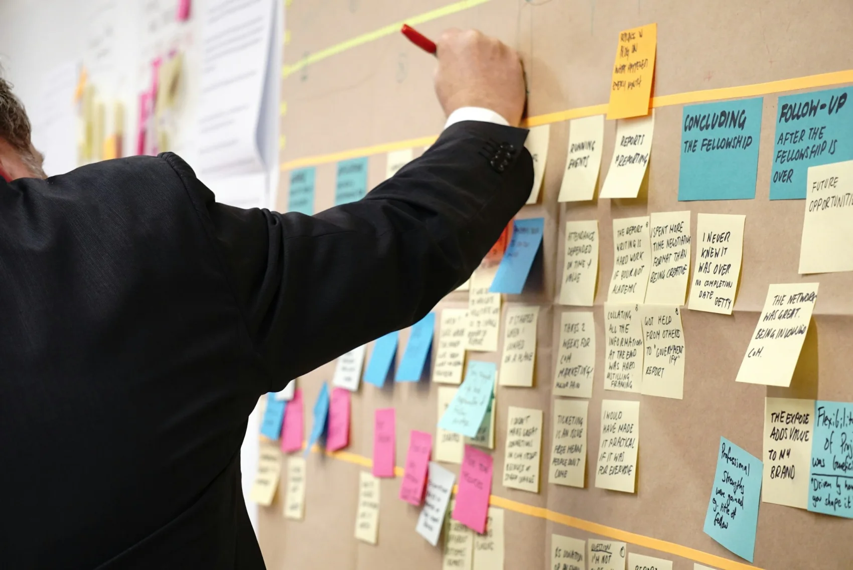 A facilitator mapping workshop feedback and plans on a wall